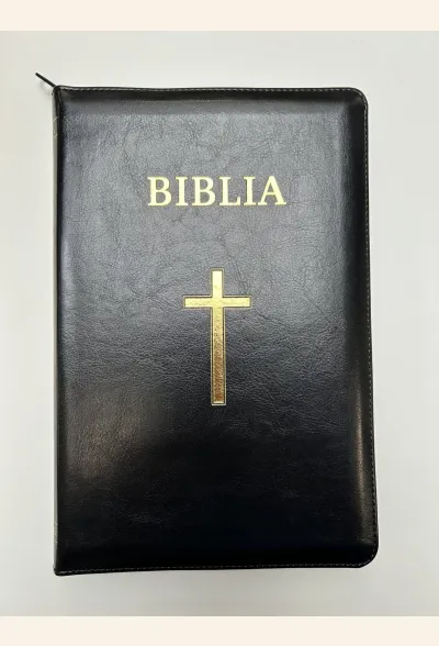 Biblia Cornilescu, ediție centenară 076 ZTI, mare, piele neagră, cu fermoar și index