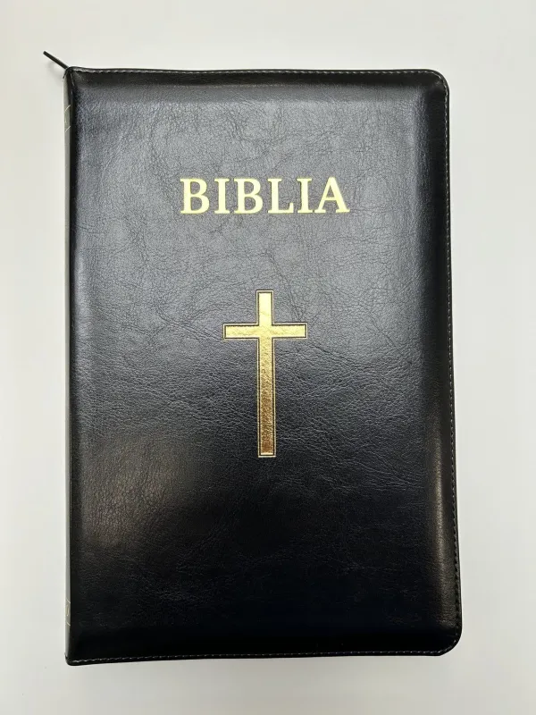 Biblia Cornilescu, ediție centenară 076 ZTI, mare, piele neagră, cu fermoar și index