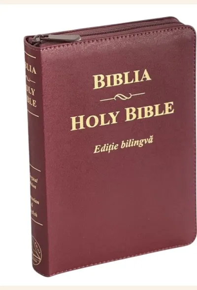 Biblia bilingvă română-engleză, Cornilescu și NKJV, piele ecologică vișinie, cu fermoar
