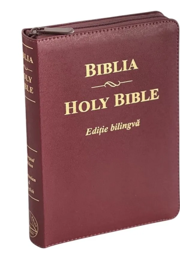 Biblia bilingvă română-engleză, Cornilescu și NKJV, piele ecologică vișinie, cu fermoar